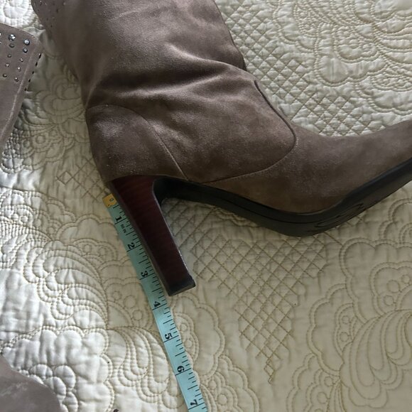 Dark Green Suede Mid-Calf Boots With Rhinestone Accents - Picture 8 of 12